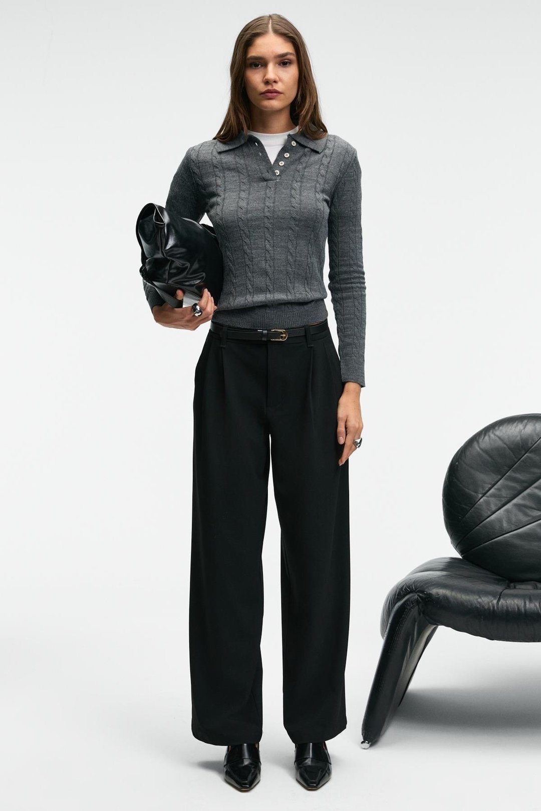 CASTANA Kadın Polo Yaka Düğmeli Regular Fit Triko Antrasit Kazak