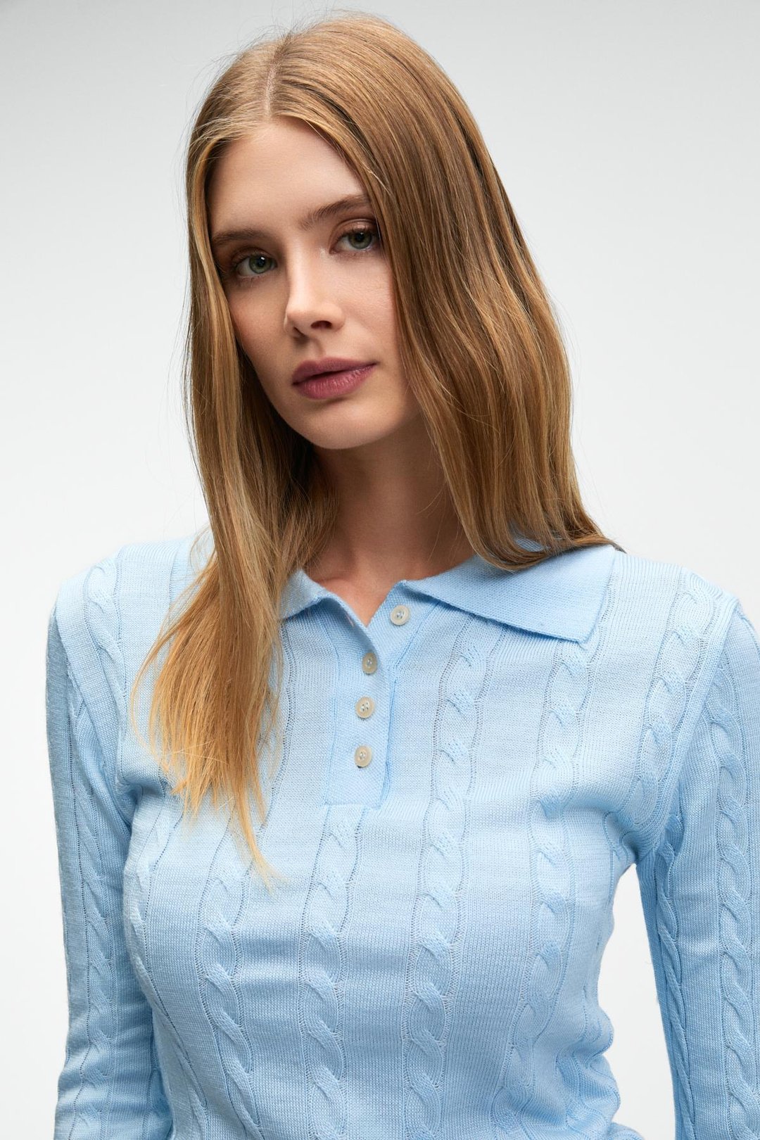 CASTANA Kadın Polo Yaka Düğmeli Regular Fit Triko Mavi Kazak