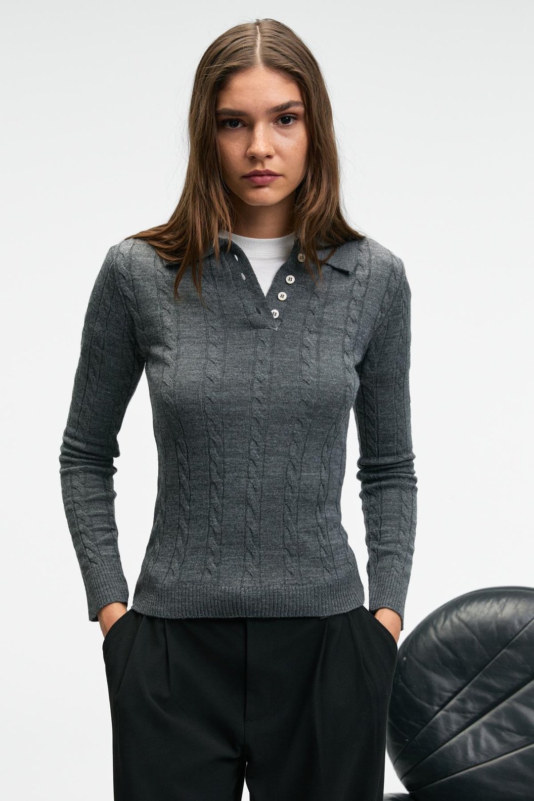 CASTANA Kadın Polo Yaka Düğmeli Regular Fit Triko Antrasit Kazak