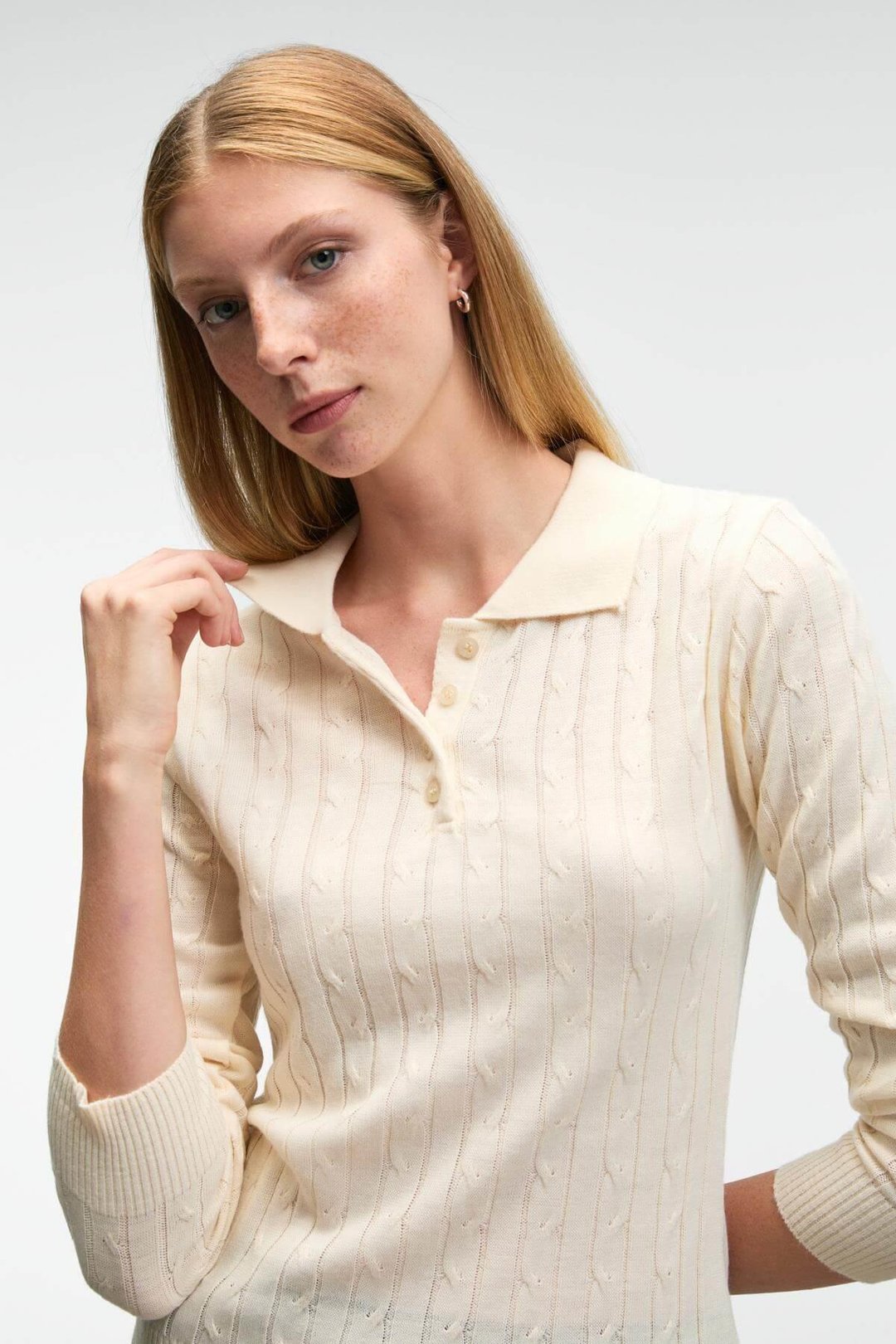 CASTANA Kadın Polo Yaka Düğmeli Regular Fit Triko Ekru Kazak