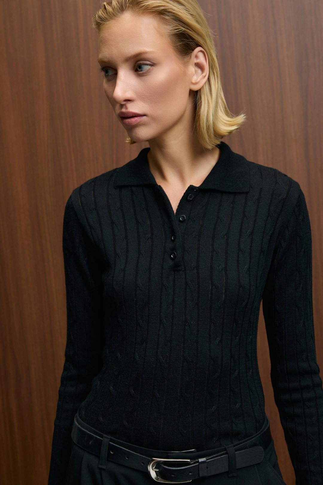 CASTANA Kadın Polo Yaka Düğmeli Regular Fit Triko Siyah Kazak