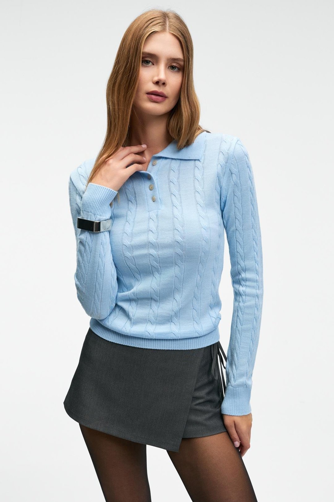 CASTANA Kadın Polo Yaka Düğmeli Regular Fit Triko Mavi Kazak