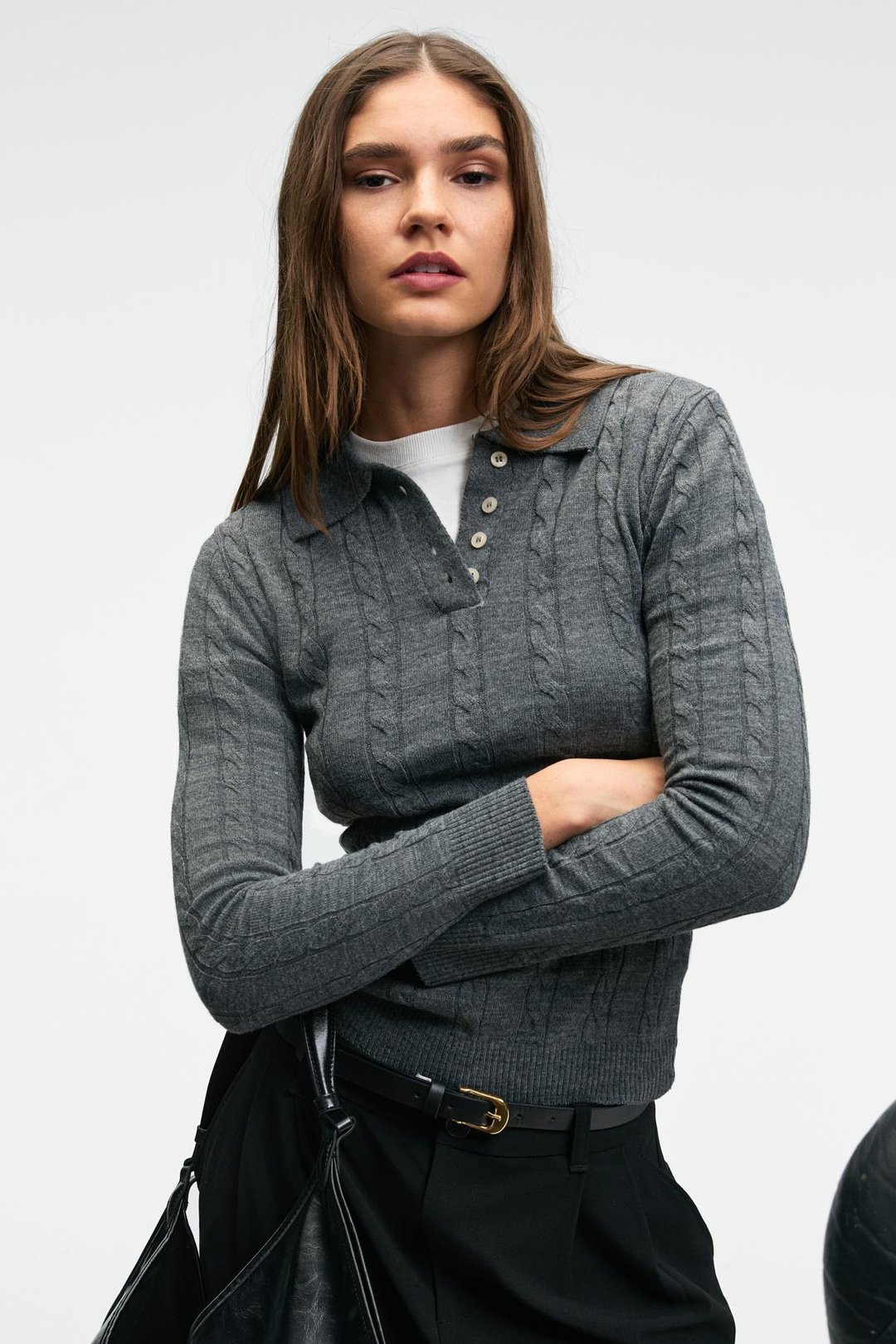 CASTANA Kadın Polo Yaka Düğmeli Regular Fit Triko Antrasit Kazak