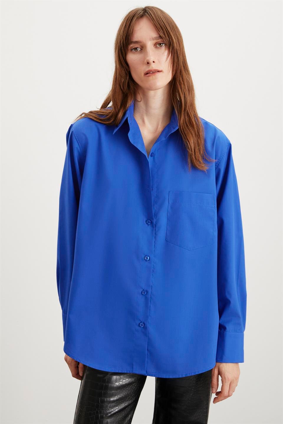 CELIA  Oversize Lacivert Tekli Gömlek