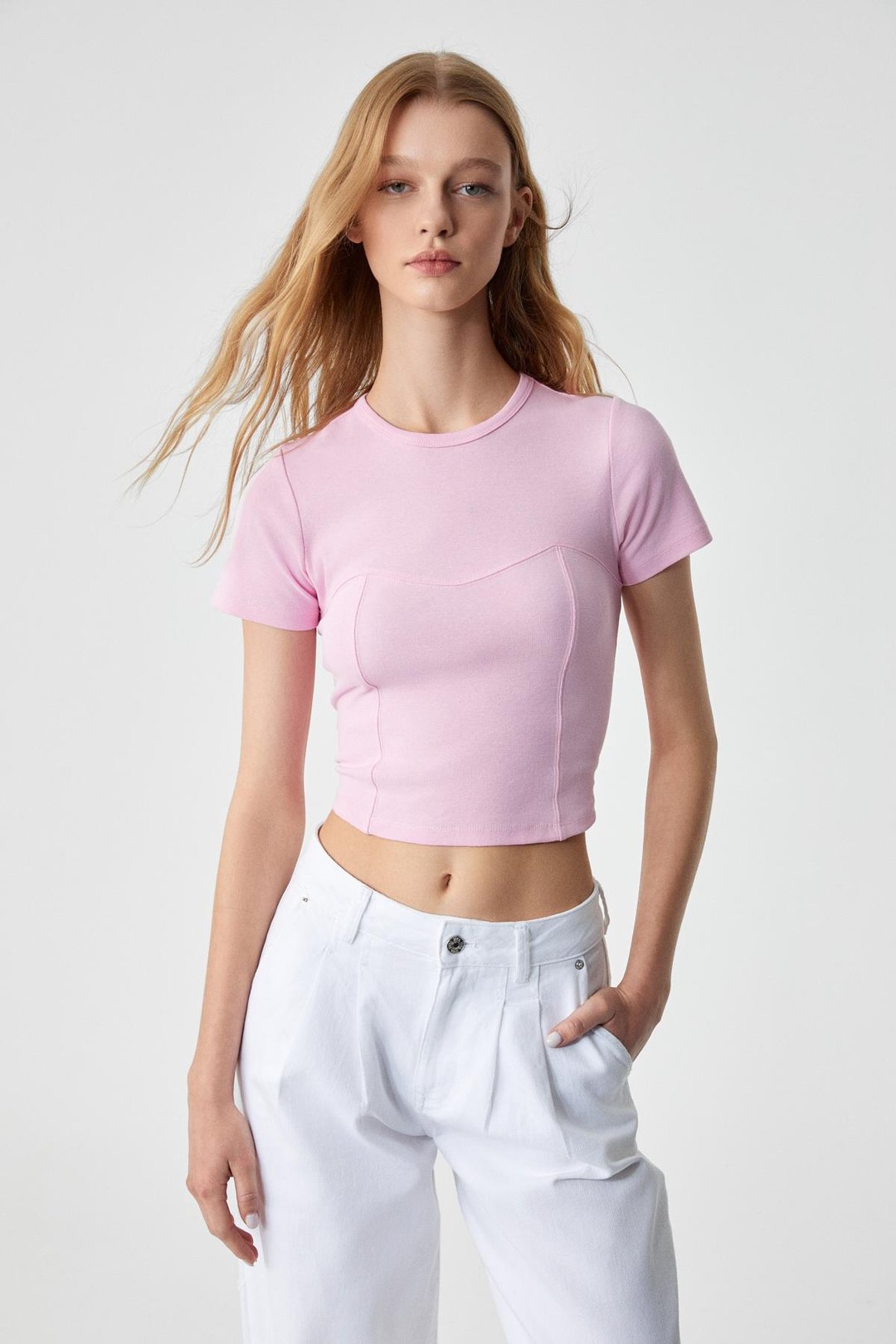 CERAEN Kadın Slim Kısa Kol Bisiklet Yaka Pembe T-Shirt