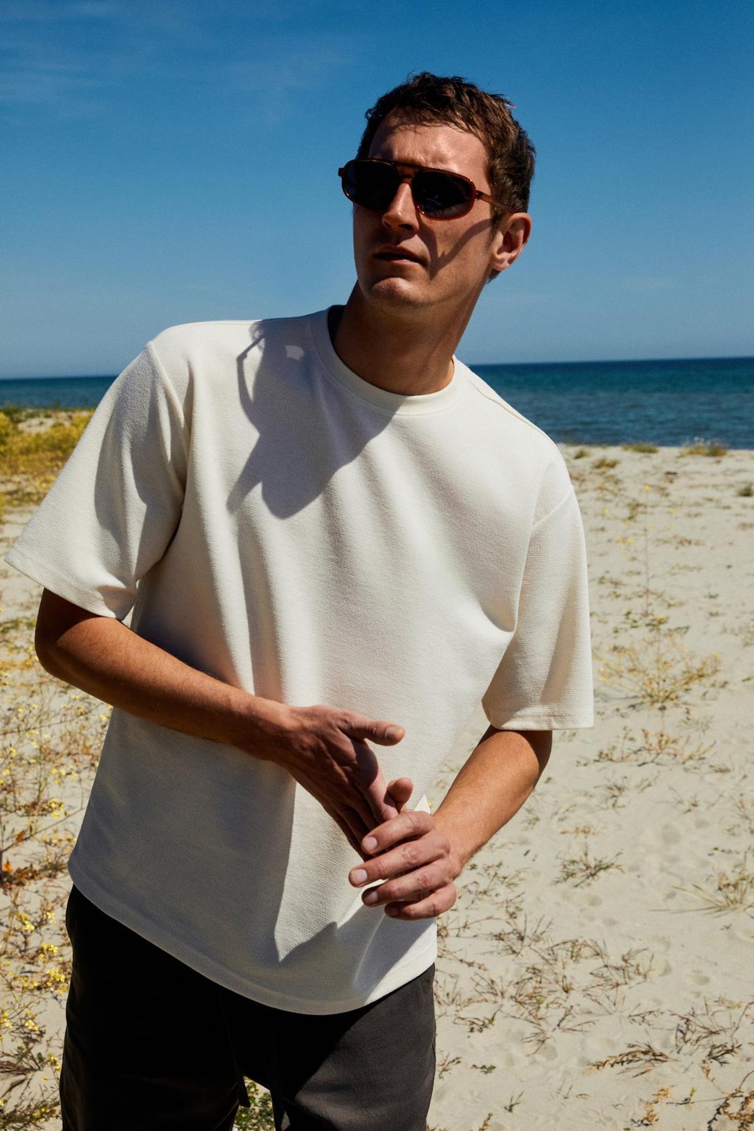 CHIC Erkek Relaxed Fit Dokulu Pamuk Kumaş Ekru T-Shirt