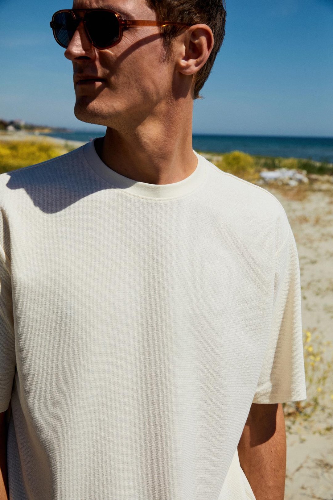 CHIC Erkek Relaxed Fit Dokulu Pamuk Kumaş Ekru T-Shirt