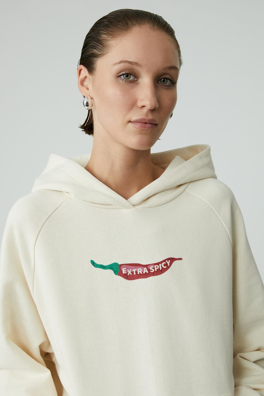 CHILLI Kadın Oversize Şardonlu Kapüşonlu Baskılı Kanguru Cepli Ekru Sweatshirt