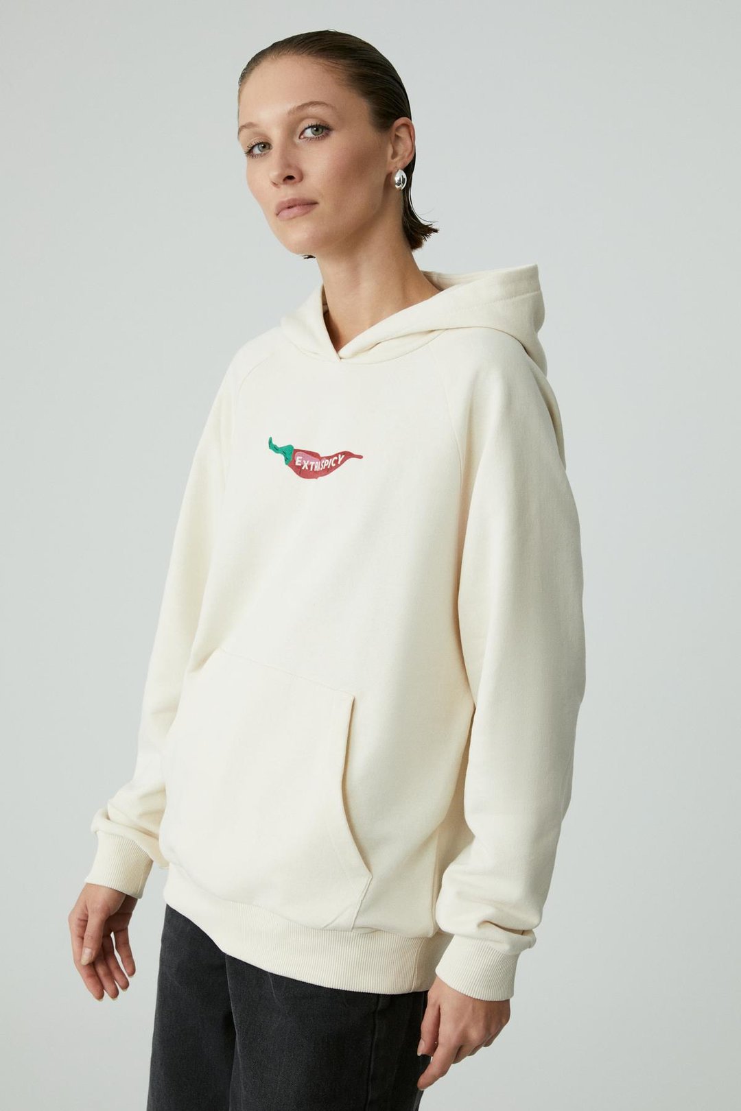 CHILLI Kadın Oversize Şardonlu Kapüşonlu Baskılı Kanguru Cepli Ekru Sweatshirt