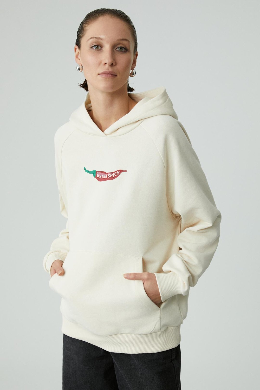 CHILLI Kadın Oversize Şardonlu Kapüşonlu Baskılı Kanguru Cepli Ekru Sweatshirt