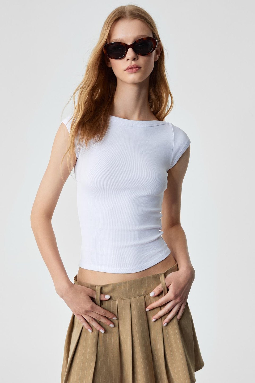 CHINCAGO Kadın Regular Çizgili Yüksek Bel Bej Etek