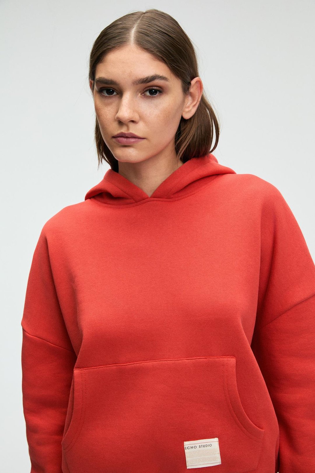 CLARIE Kadın Organik Pamuklu Oversize Kanguru Cepli Kapüşonlu Kırmızı Sweatshirt