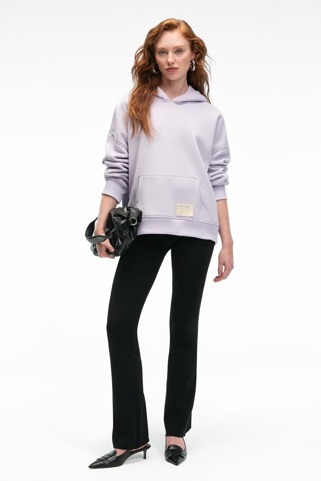 CLARIE Kadın Organik Pamuklu Oversize Kanguru Cepli Kapüşonlu Lila Sweatshirt