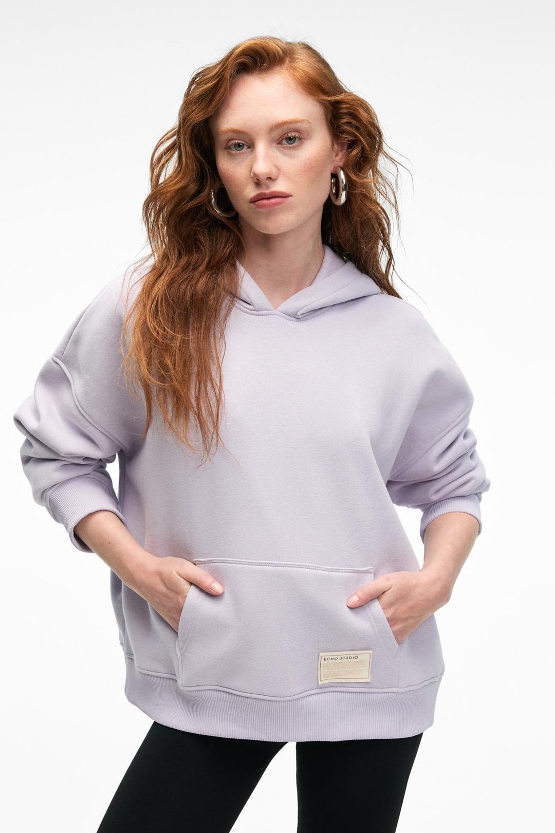 CLARIE Kadın Organik Pamuklu Oversize Kanguru Cepli Kapüşonlu Lila Sweatshirt