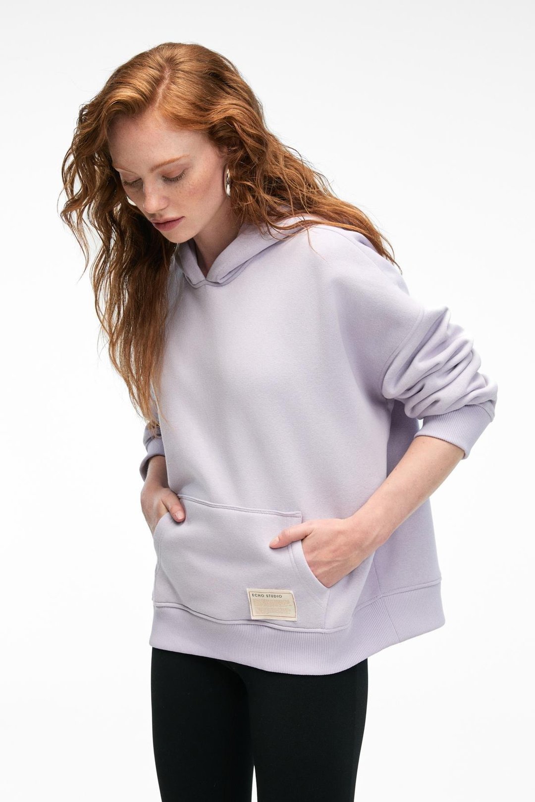 CLARIE Kadın Organik Pamuklu Oversize Kanguru Cepli Kapüşonlu Lila Sweatshirt