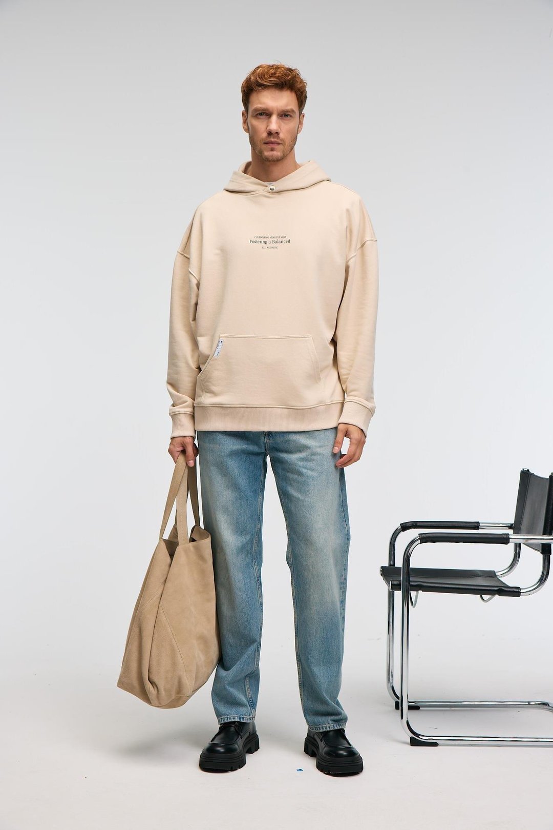 CLAY Erkek %100 Pamuk Kapüşonlu Çıtçıtlı Baskılı Cebi Süs Etiketli Krem Sweatshirt