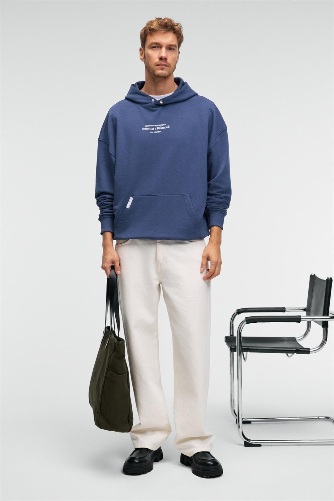 CLAY Erkek %100 Pamuk Kapüşonlu Çıtçıtlı Baskılı Cebi Süs Etiketli İndigo Sweatshirt