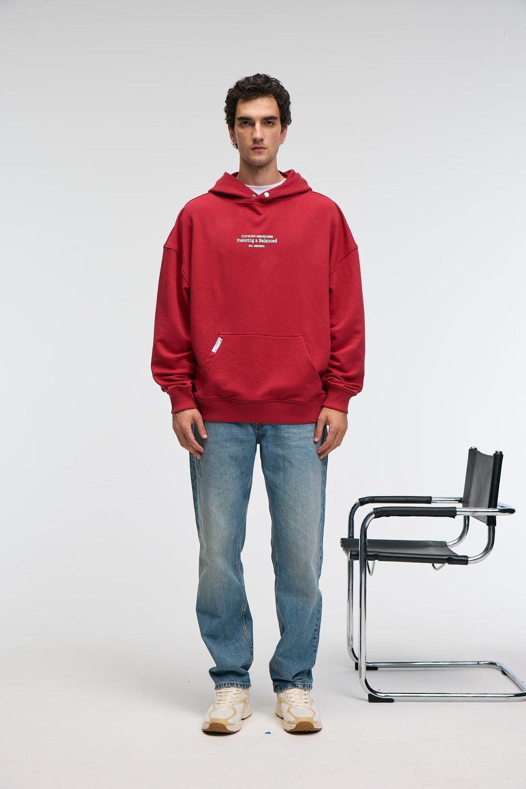 CLAY Erkek %100 Pamuk Kapüşonlu Çıtçıtlı Baskılı Cebi Süs Etiketli Kırmızı Sweatshirt