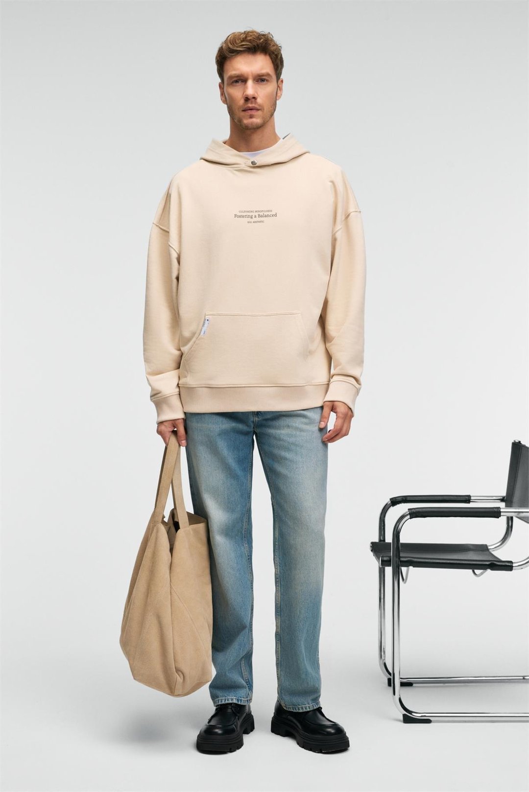 CLAY Erkek %100 Pamuk Kapüşonlu Çıtçıtlı Baskılı Cebi Süs Etiketli Krem Sweatshirt