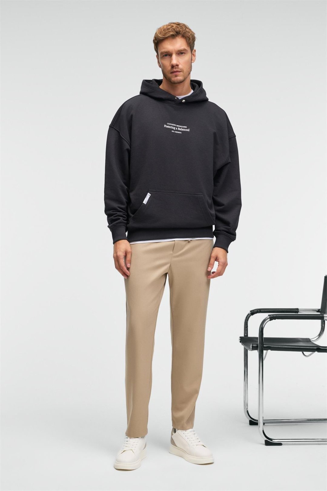 CLAY Erkek %100 Pamuk Kapüşonlu Çıtçıtlı Baskılı Cebi Süs Etiketli Antrasit Sweatshirt