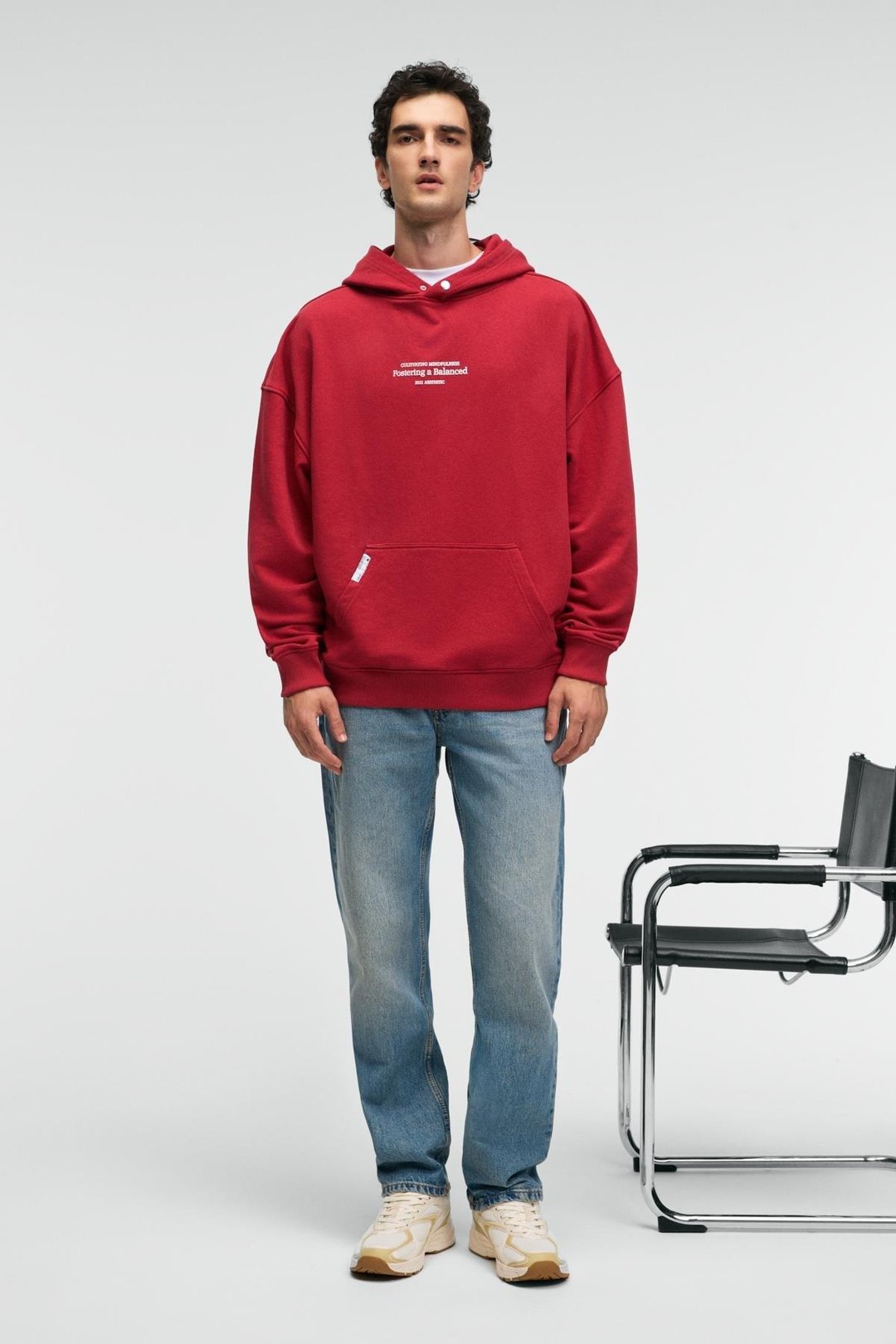 CLAY Erkek %100 Pamuk Kapüşonlu Çıtçıtlı Baskılı Cebi Süs Etiketli Kırmızı Sweatshirt