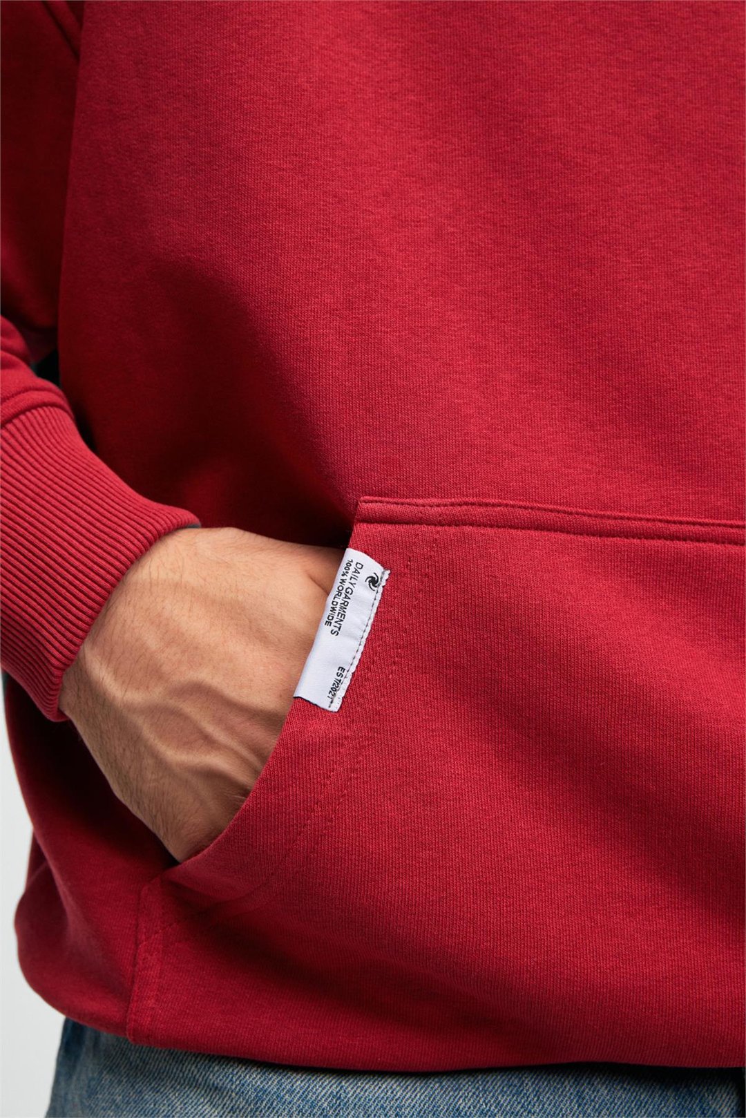 CLAY Erkek %100 Pamuk Kapüşonlu Çıtçıtlı Baskılı Cebi Süs Etiketli Kırmızı Sweatshirt