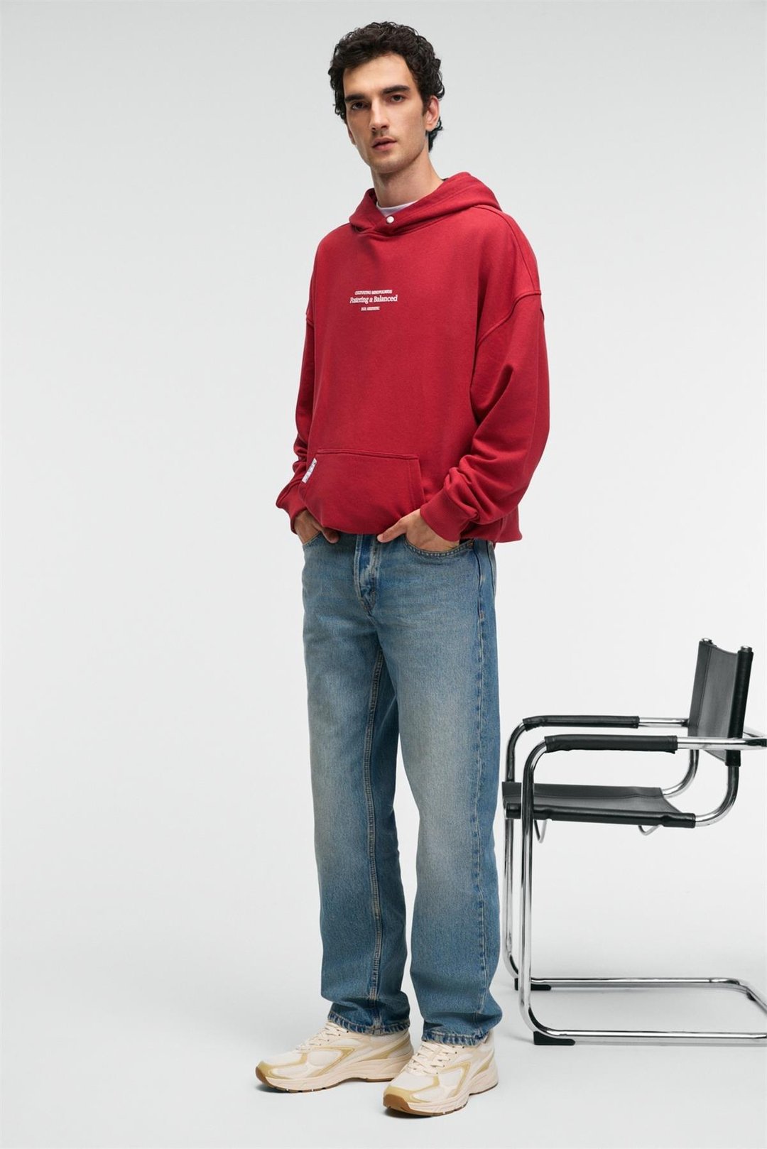 CLAY Erkek %100 Pamuk Kapüşonlu Çıtçıtlı Baskılı Cebi Süs Etiketli Kırmızı Sweatshirt