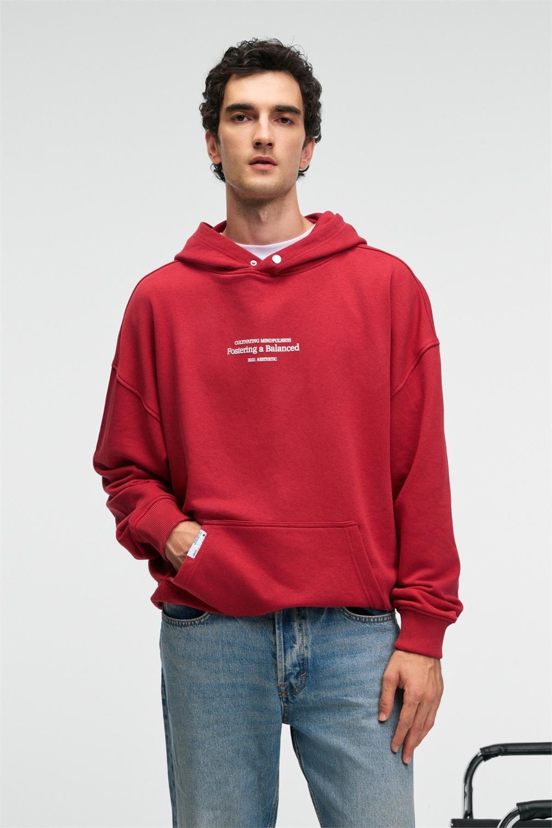 CLAY Erkek %100 Pamuk Kapüşonlu Çıtçıtlı Baskılı Cebi Süs Etiketli Kırmızı Sweatshirt