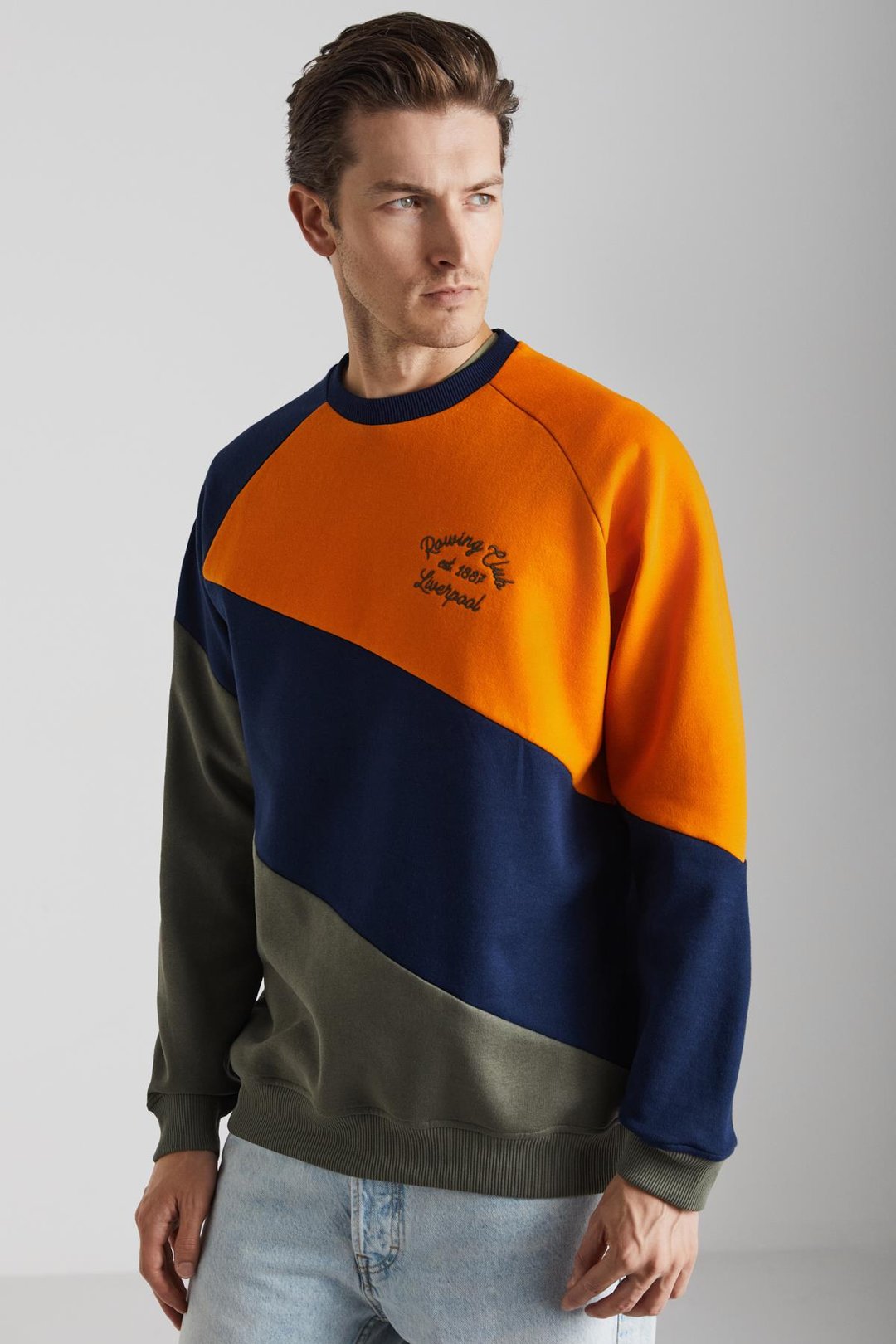 COLWAY Erkek Pamuk Yuvarlak Yaka Lacivert-Haki-Turuncu Sweatshirt