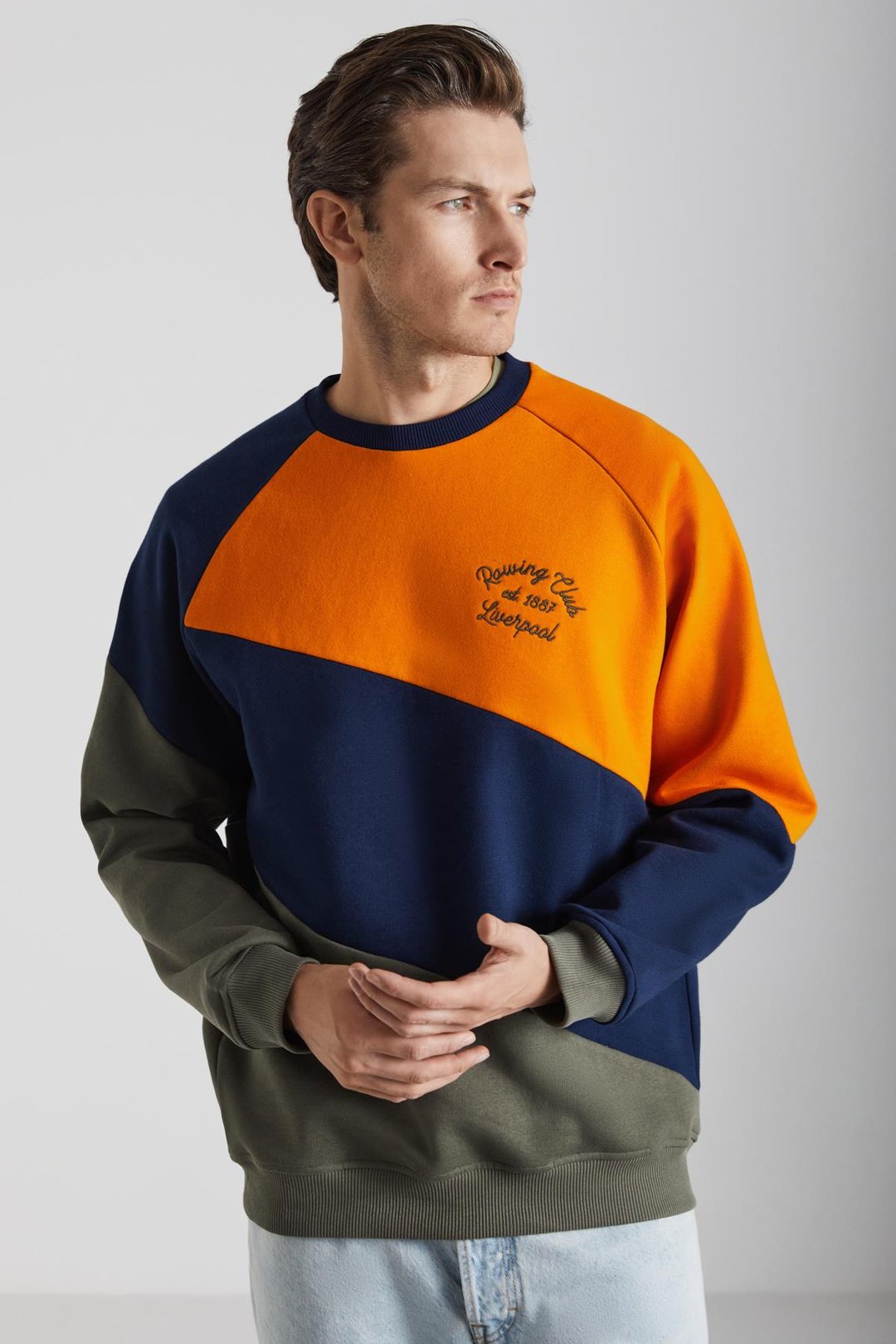 COLWAY Erkek Pamuk Yuvarlak Yaka Lacivert-Haki-Turuncu Sweatshirt