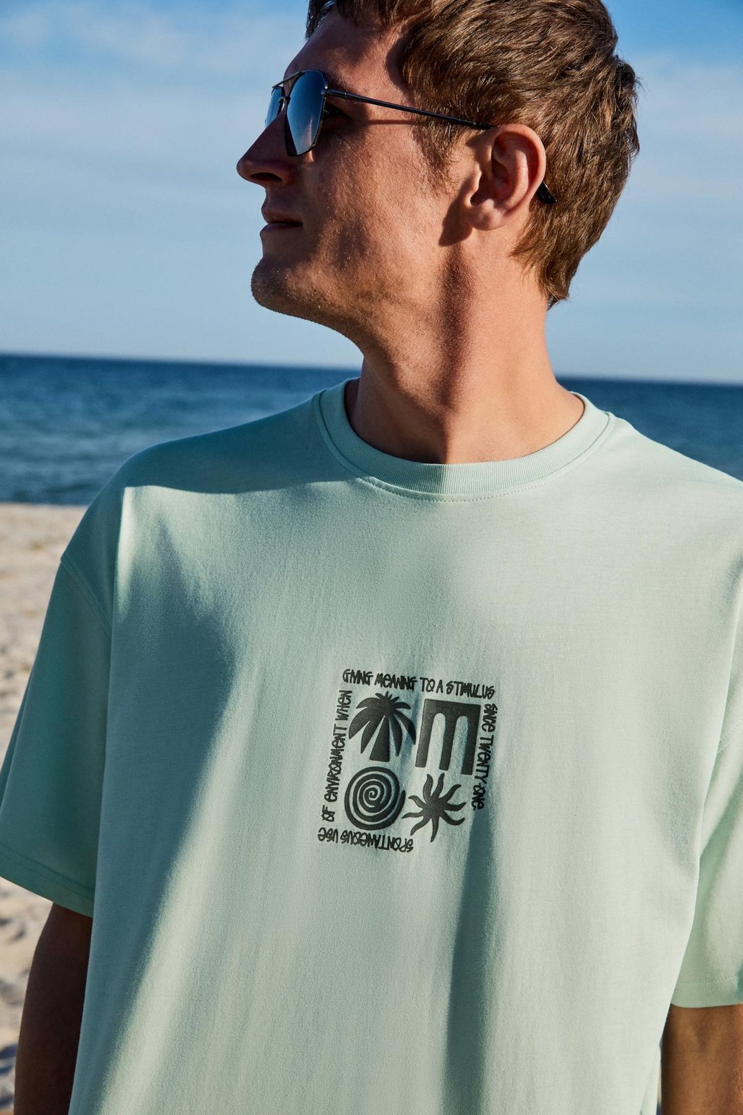 COPACABANA Erkek Ön Arka Baskı Detaylı %100 Organik Pamuk Oversize Kısa Kollu Açık Yeşil T-Shirt