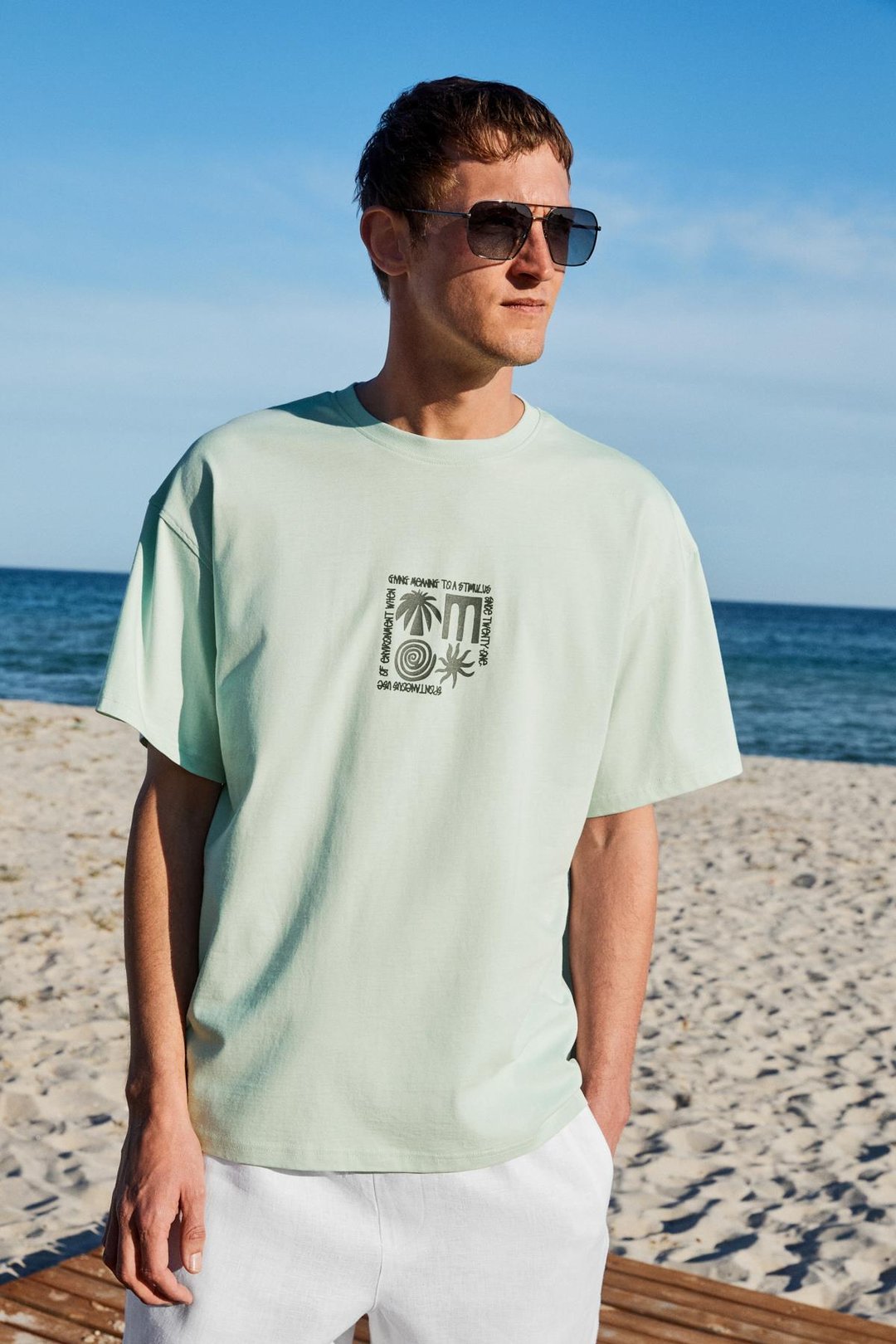 COPACABANA Erkek Ön Arka Baskı Detaylı %100 Organik Pamuk Oversize Kısa Kollu Açık Yeşil T-Shirt