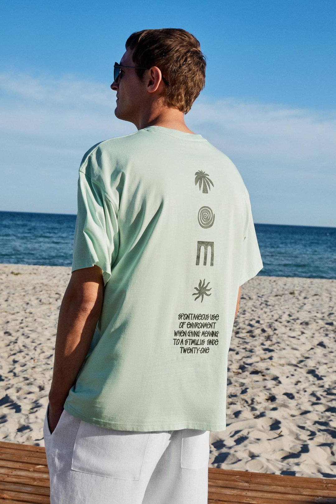 COPACABANA Erkek Ön Arka Baskı Detaylı %100 Organik Pamuk Oversize Kısa Kollu Açık Yeşil T-Shirt