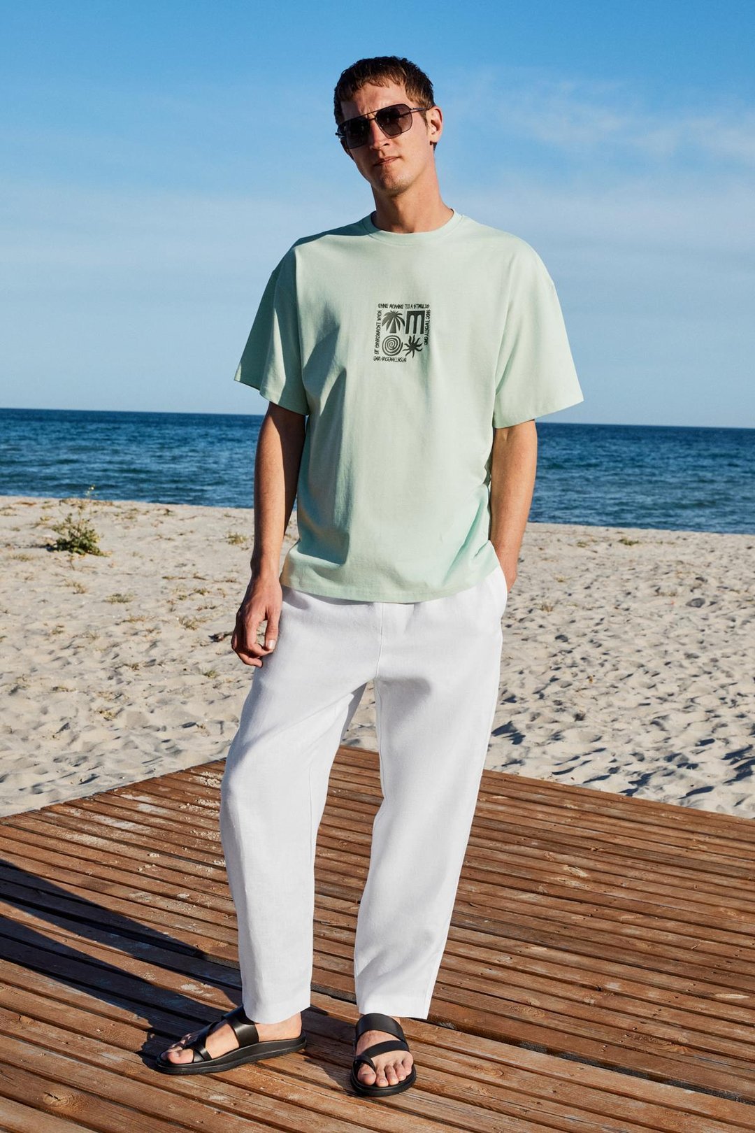 COPACABANA Erkek Ön Arka Baskı Detaylı %100 Organik Pamuk Oversize Kısa Kollu Açık Yeşil T-Shirt