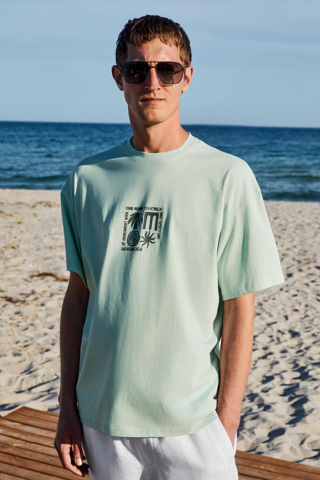 COPACABANA Erkek Ön Arka Baskı Detaylı %100 Organik Pamuk Oversize Kısa Kollu Açık Yeşil T-Shirt