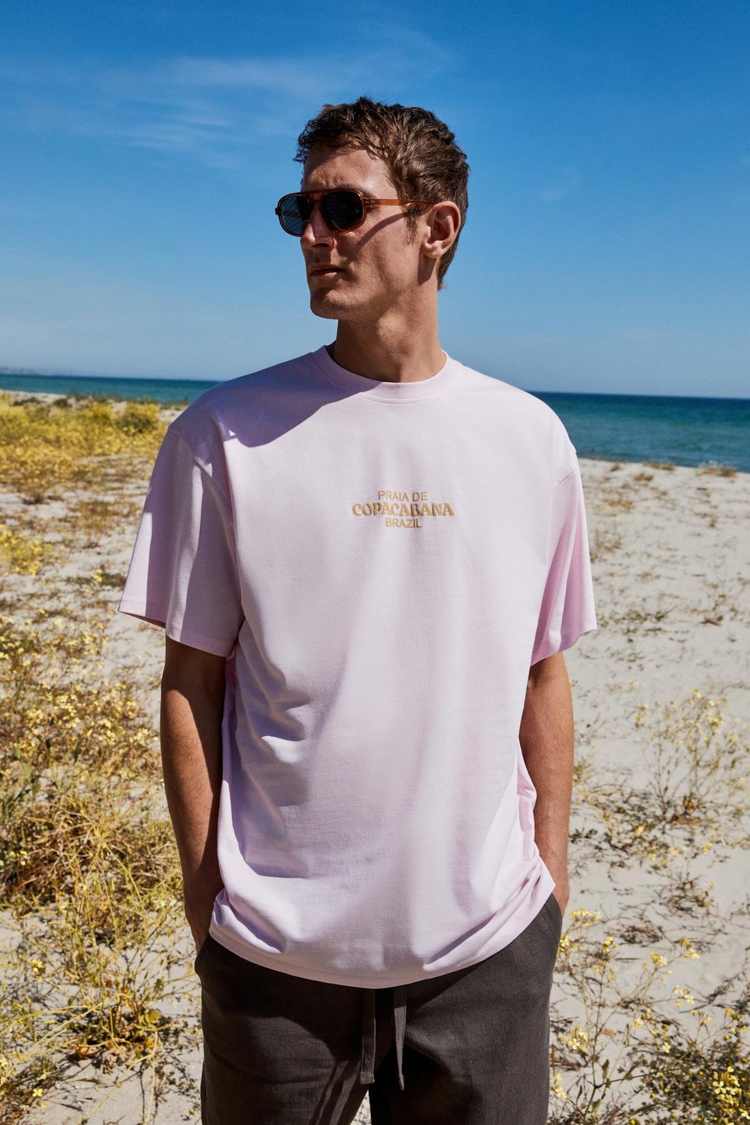 COPACABANA Erkek Ön Arka Baskı Detaylı %100 Organik Pamuk Oversize Kısa Kollu Pembe T-Shirt