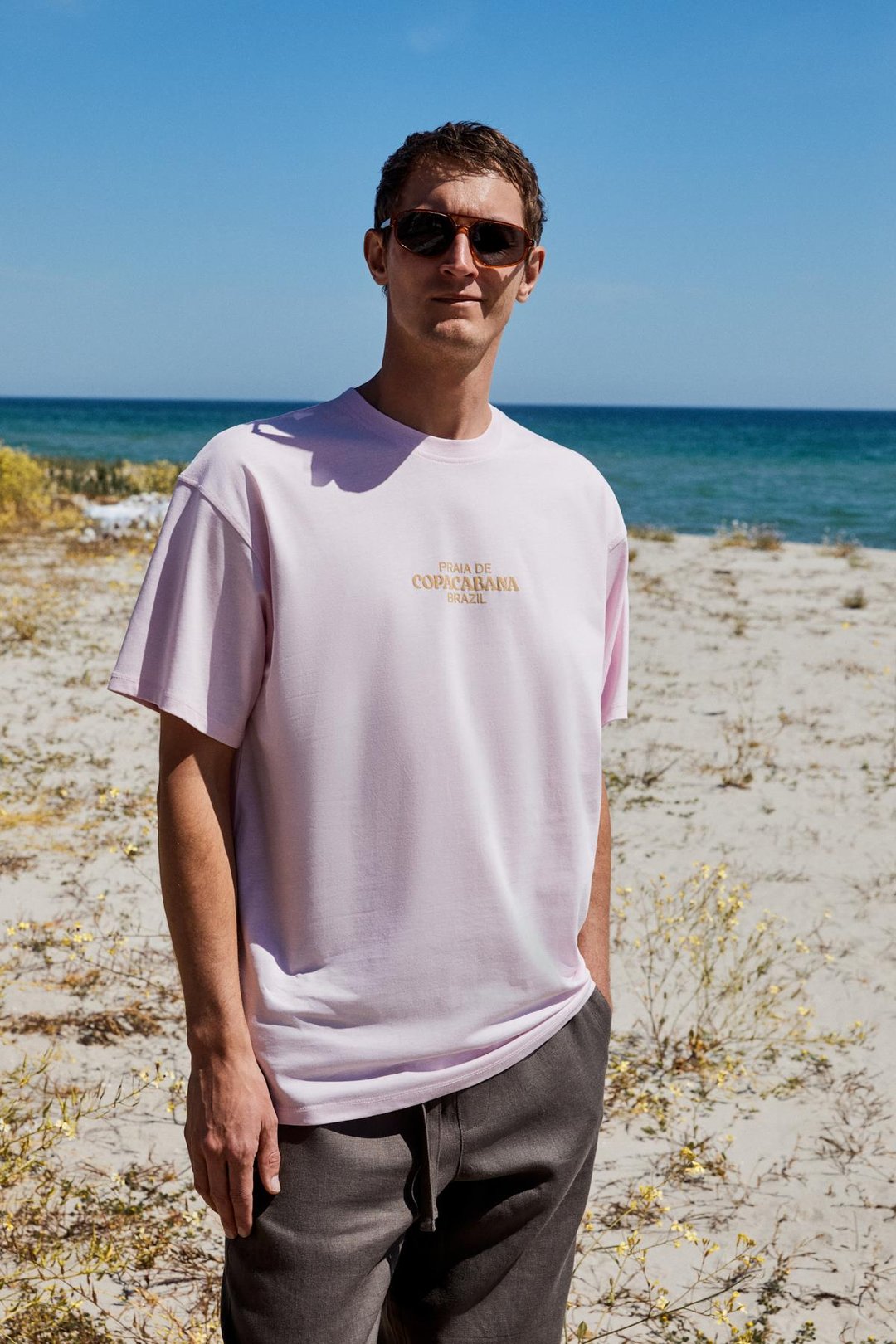 COPACABANA Erkek Ön Arka Baskı Detaylı %100 Organik Pamuk Oversize Kısa Kollu Pembe T-Shirt