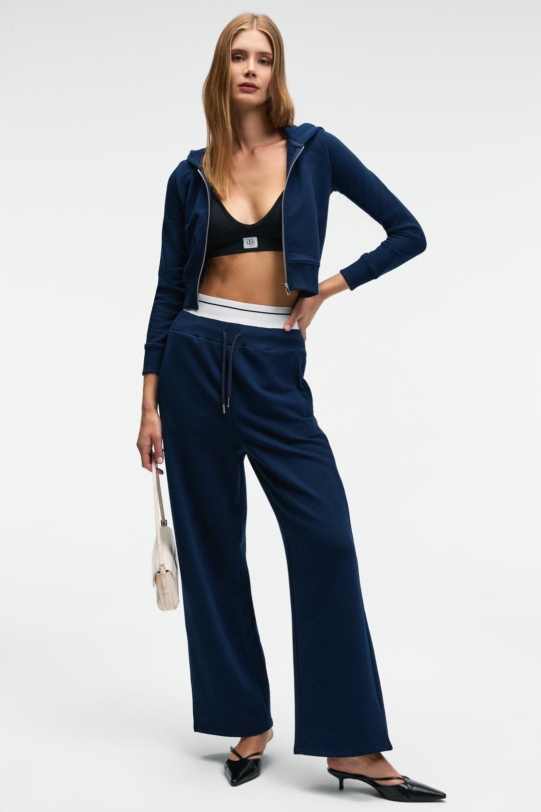 COSIMA Kadın Metal Fermuarlı Kapüşonlu Crop Lacivert Sweatshirt