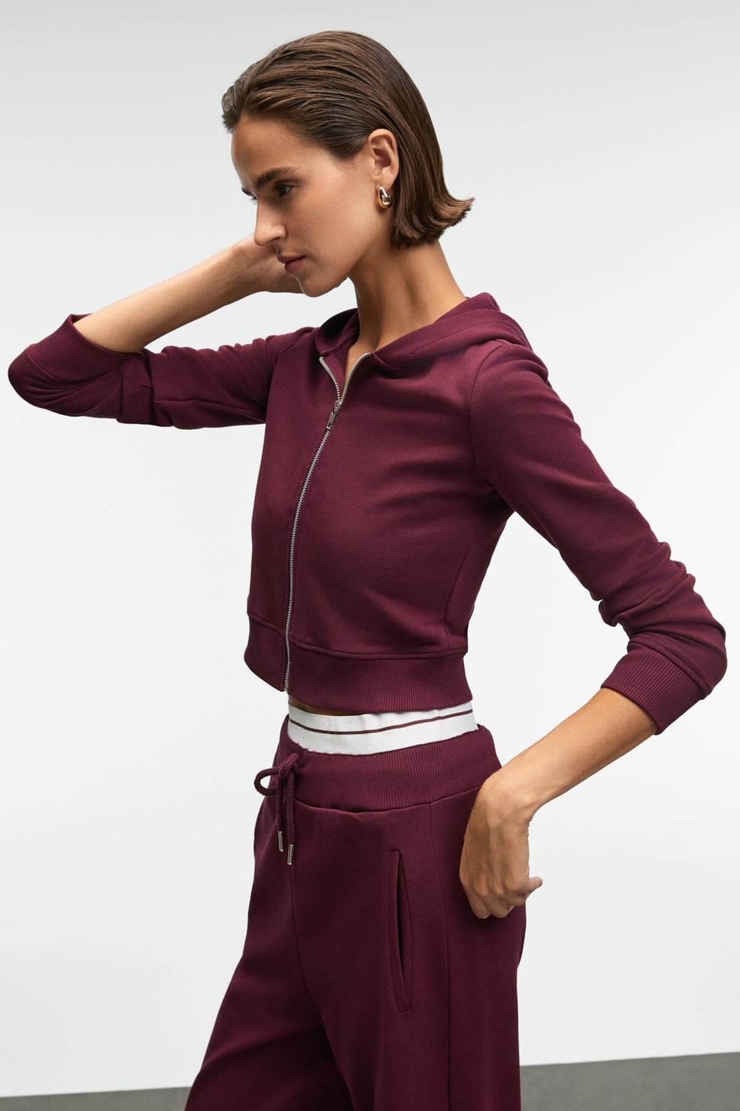 COSIMA Kadın Metal Fermuarlı Kapüşonlu Crop Bordo Sweatshirt