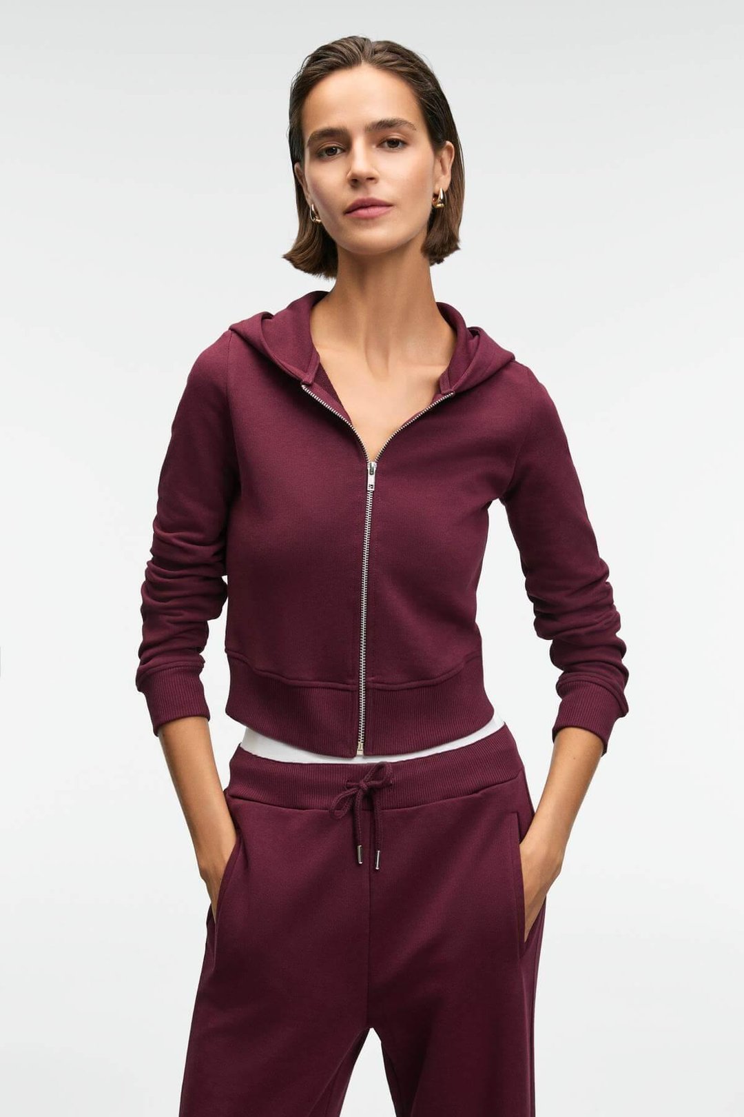 COSIMA Kadın Metal Fermuarlı Kapüşonlu Crop Bordo Sweatshirt