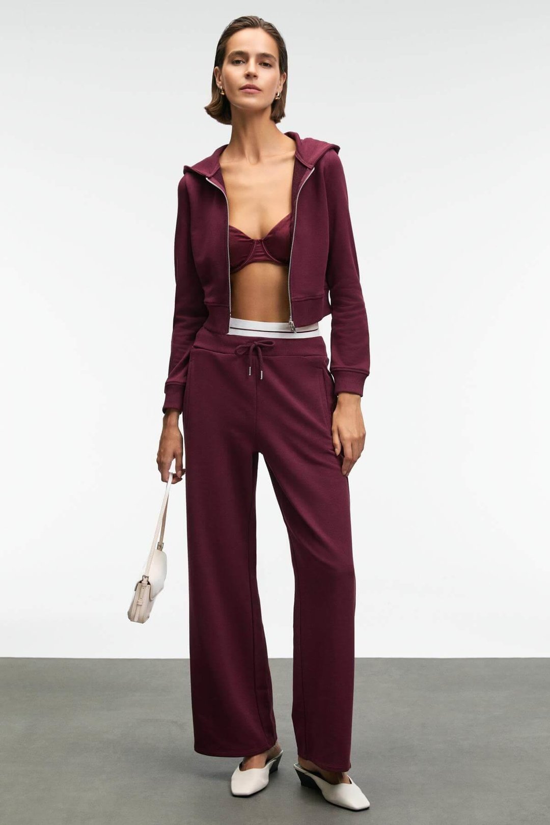 COSIMA Kadın Metal Fermuarlı Kapüşonlu Crop Bordo Sweatshirt