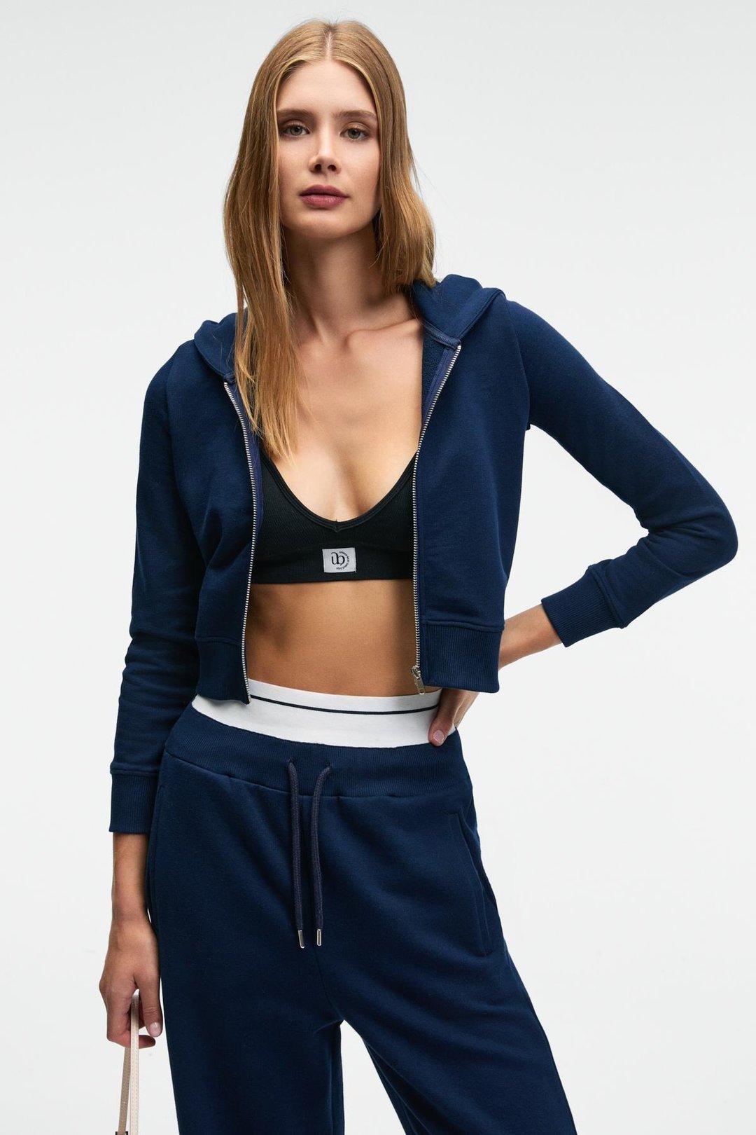 COSIMA Kadın Metal Fermuarlı Kapüşonlu Crop Lacivert Sweatshirt