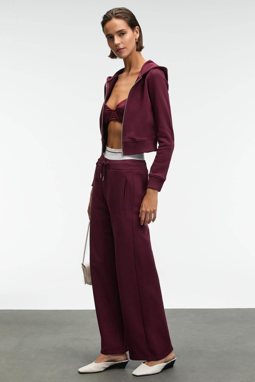 COSIMA Kadın Metal Fermuarlı Kapüşonlu Crop Bordo Sweatshirt