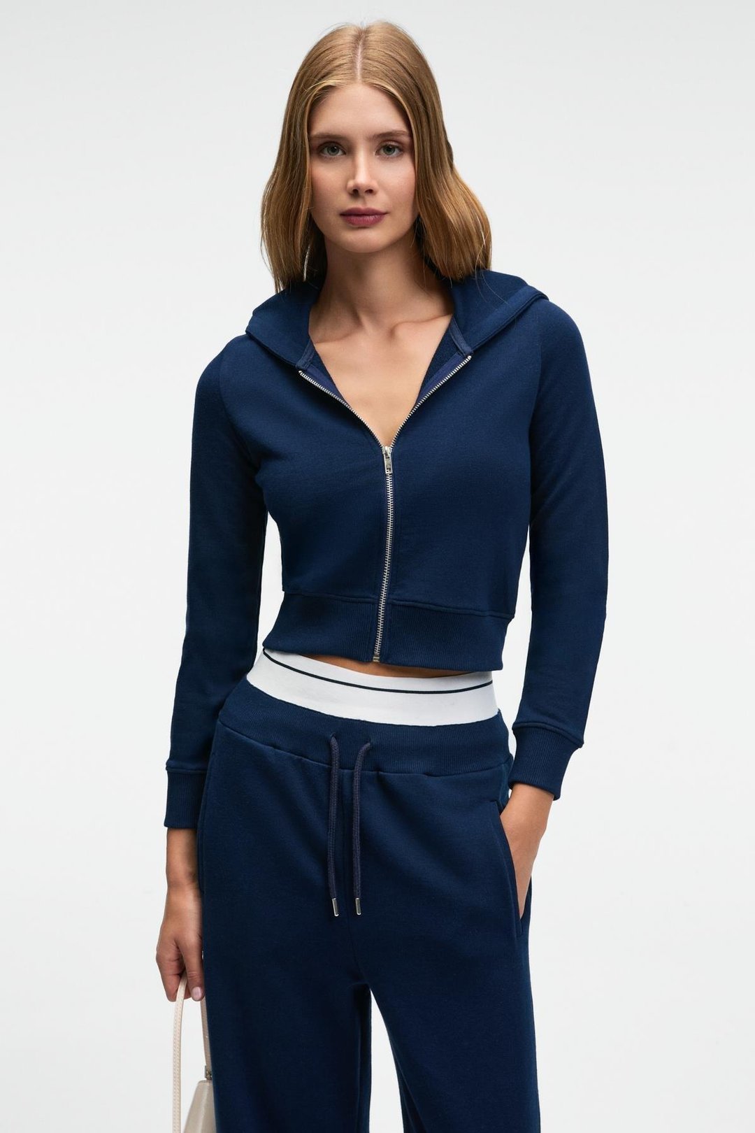 COSIMA Kadın Metal Fermuarlı Kapüşonlu Crop Lacivert Sweatshirt