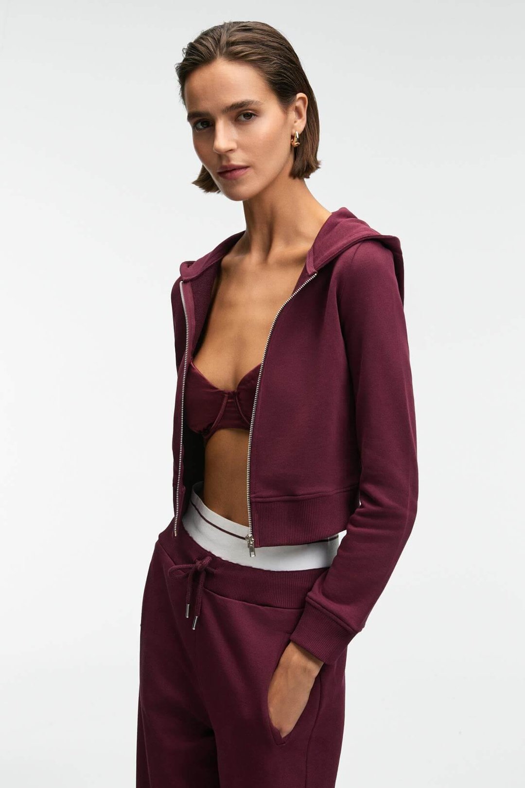 COSIMA Kadın Metal Fermuarlı Kapüşonlu Crop Bordo Sweatshirt