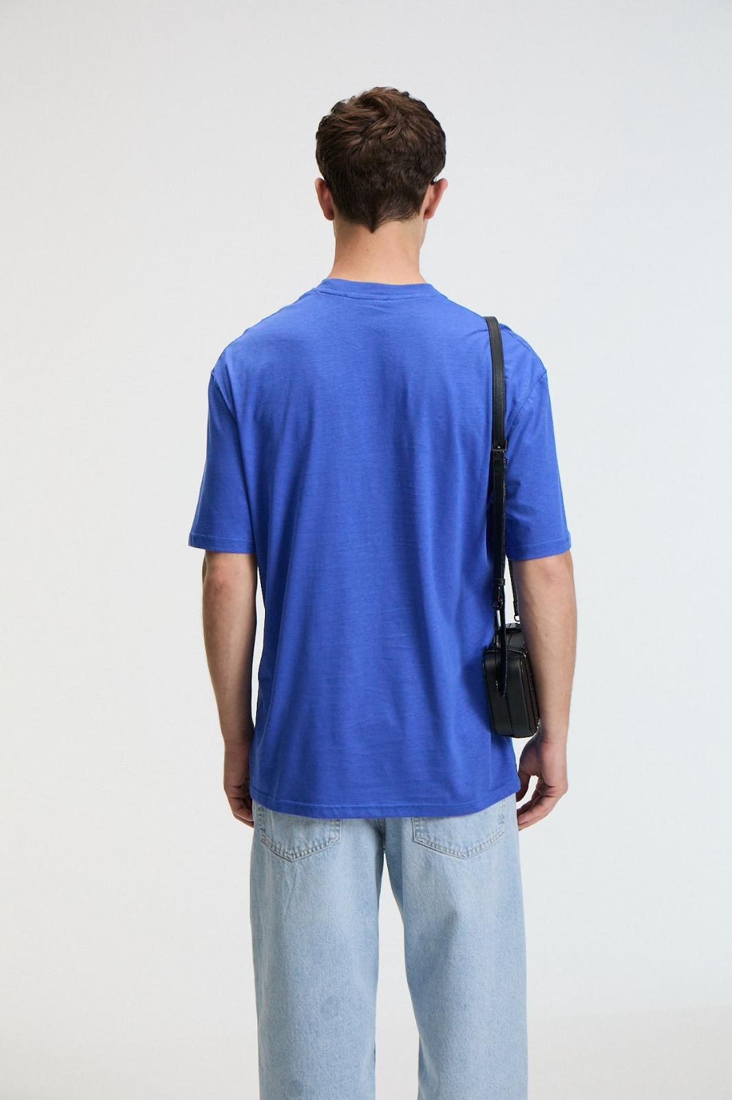 CRISP Erkek Oversize %100 Pamuk Baskılı Yuvarlak Yaka Saks Mavi T-Shirt