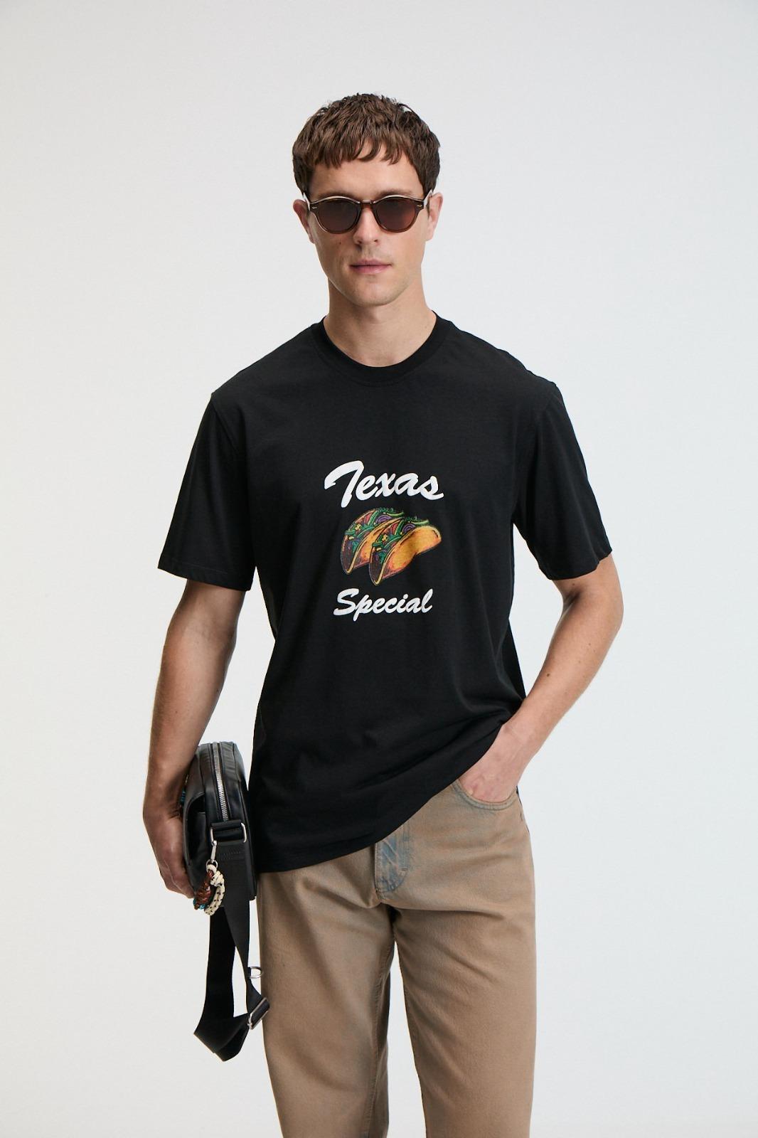 CRISP Erkek Oversize %100 Pamuk Baskılı Yuvarlak Yaka Siyah T-Shirt