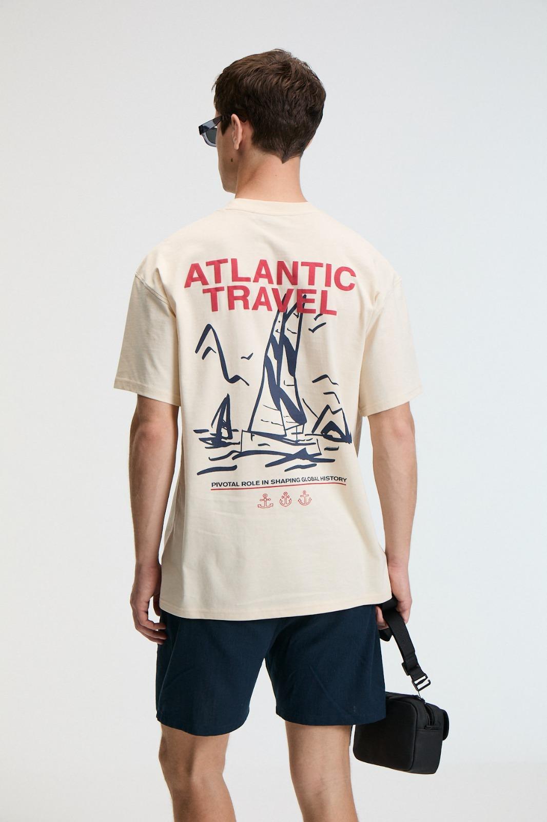 CRUNCH Erkek Oversize %100 Pamuk Baskılı Yuvarlak Yaka Vanilya T-Shirt