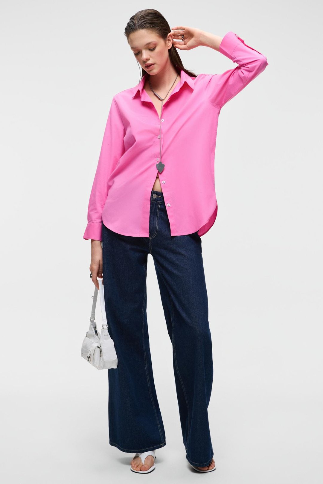 DELFINO Kadın Oversize %100 Organik Pamuk Uzun Kollu İnce Uzun Pembe Gömlek