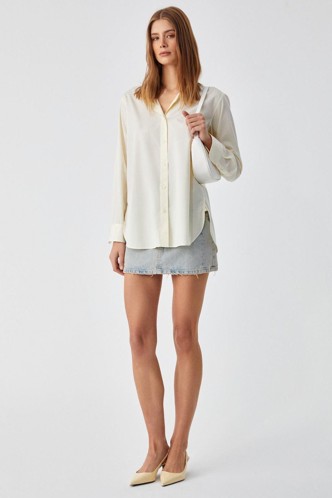 DELFINO Kadın Oversize %100 Organik Pamuk Uzun Kollu İnce Uzun Sarı Gömlek